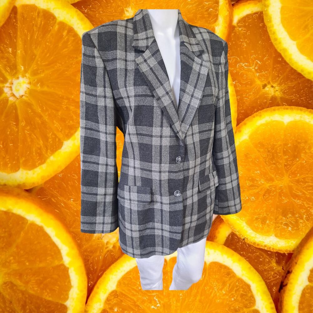 United Colors of Benetton Gray Black Plaid Wool Blazer Size 42‎
